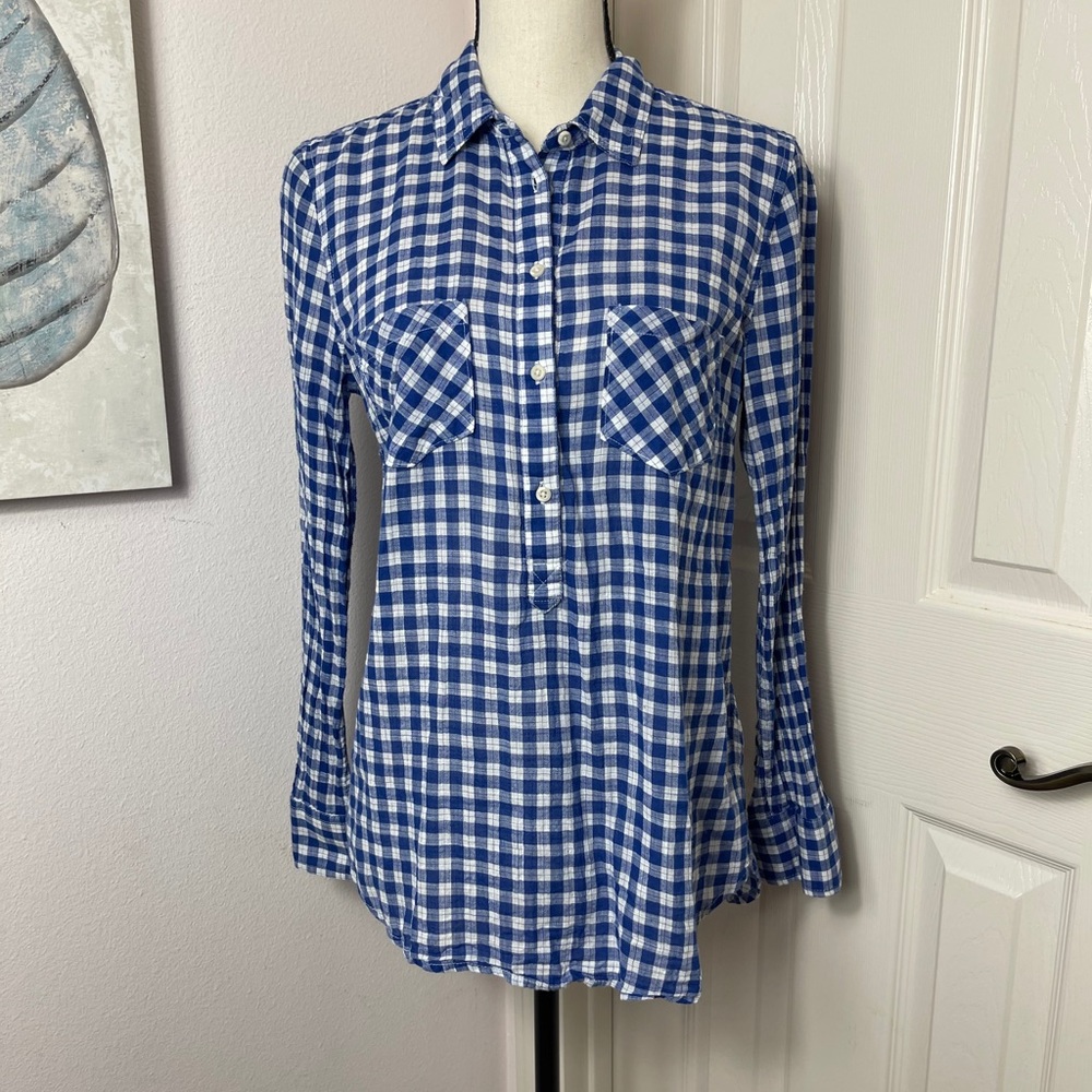 Blue and white plaid 100% cotton button down shirt